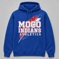 Royal-blue MOCO Indians Athletics hoodie with red, white, and blue feather artwork
