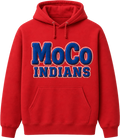 Red hoodie featuring blue puff-style MoCo Indians lettering