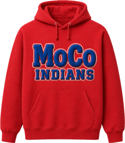 Red hoodie featuring blue puff-style MoCo Indians lettering