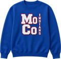 Royal-blue crew neck sweatshirt with stacked white MoCo lettering outlined in red and vertical Indians text