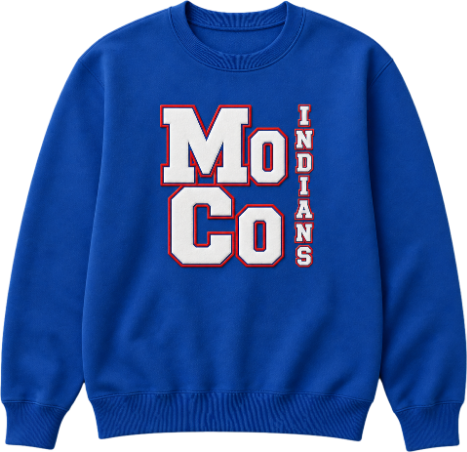 Royal-blue crew neck sweatshirt with stacked white MoCo lettering outlined in red and vertical Indians text