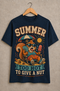 Navy t-shirt with summer squirrel graphic reading Summer Too Hot To Give A Nut