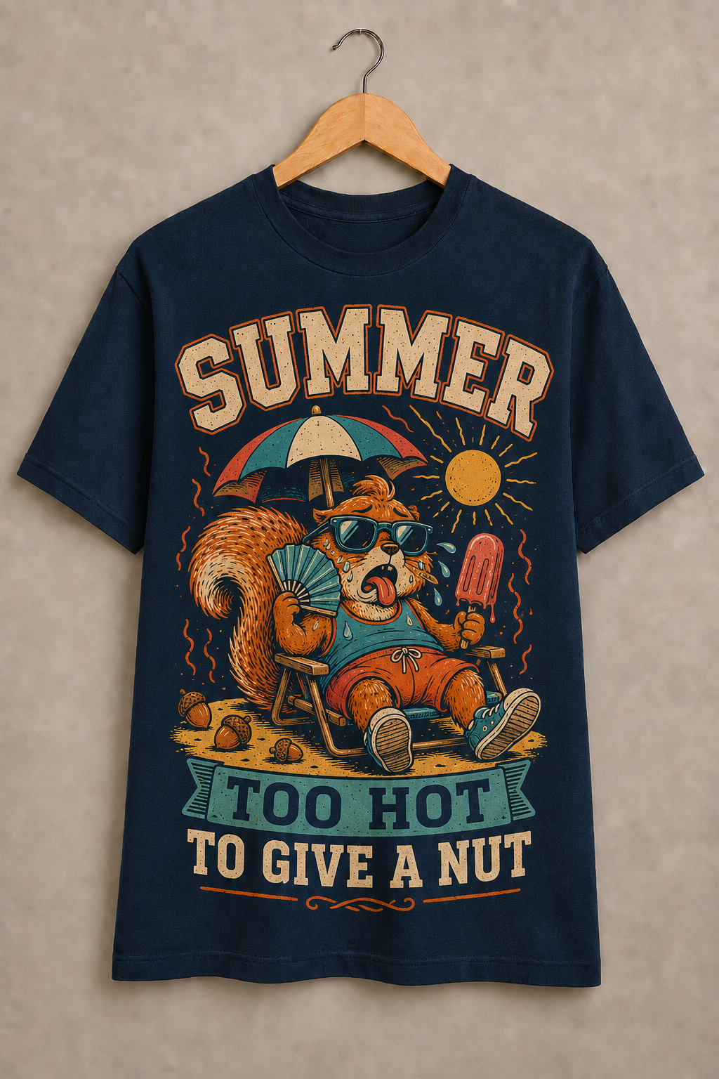 Navy t-shirt with summer squirrel graphic reading Summer Too Hot To Give A Nut