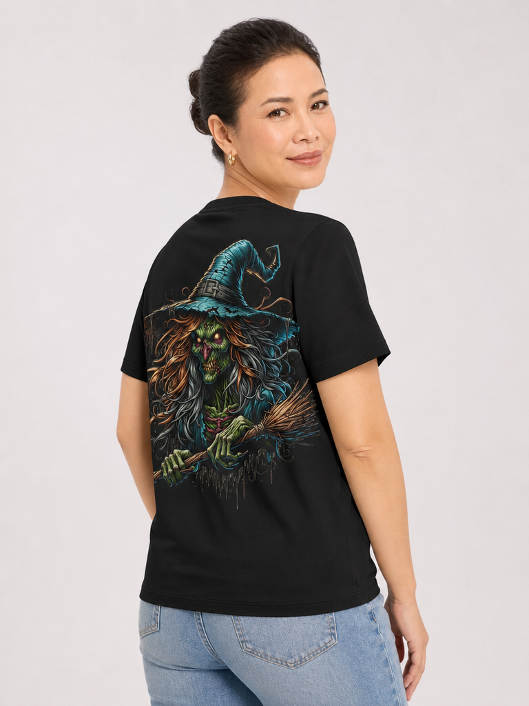 Halloween Witch Graphic T-Shirt - Black with colorful witch illustration