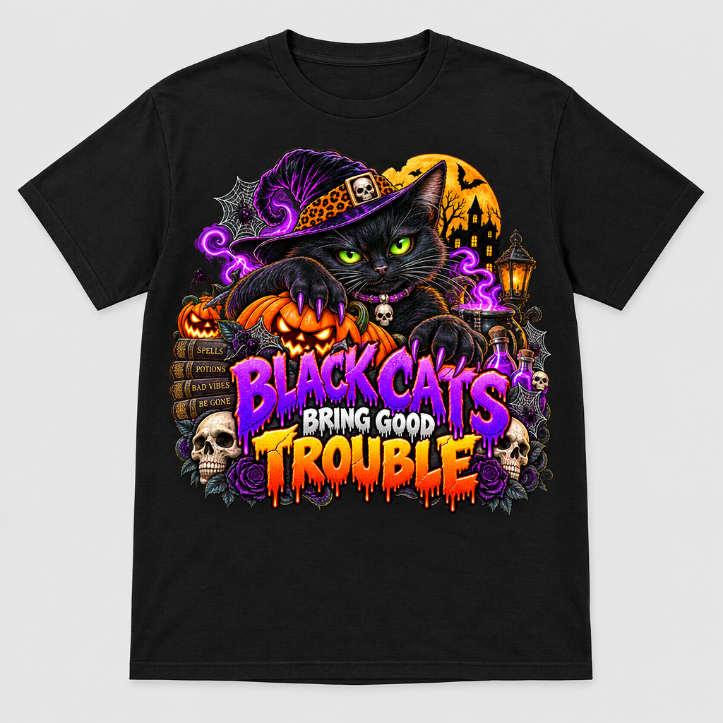 Black Cats Bring Good Trouble black T-shirt mockup