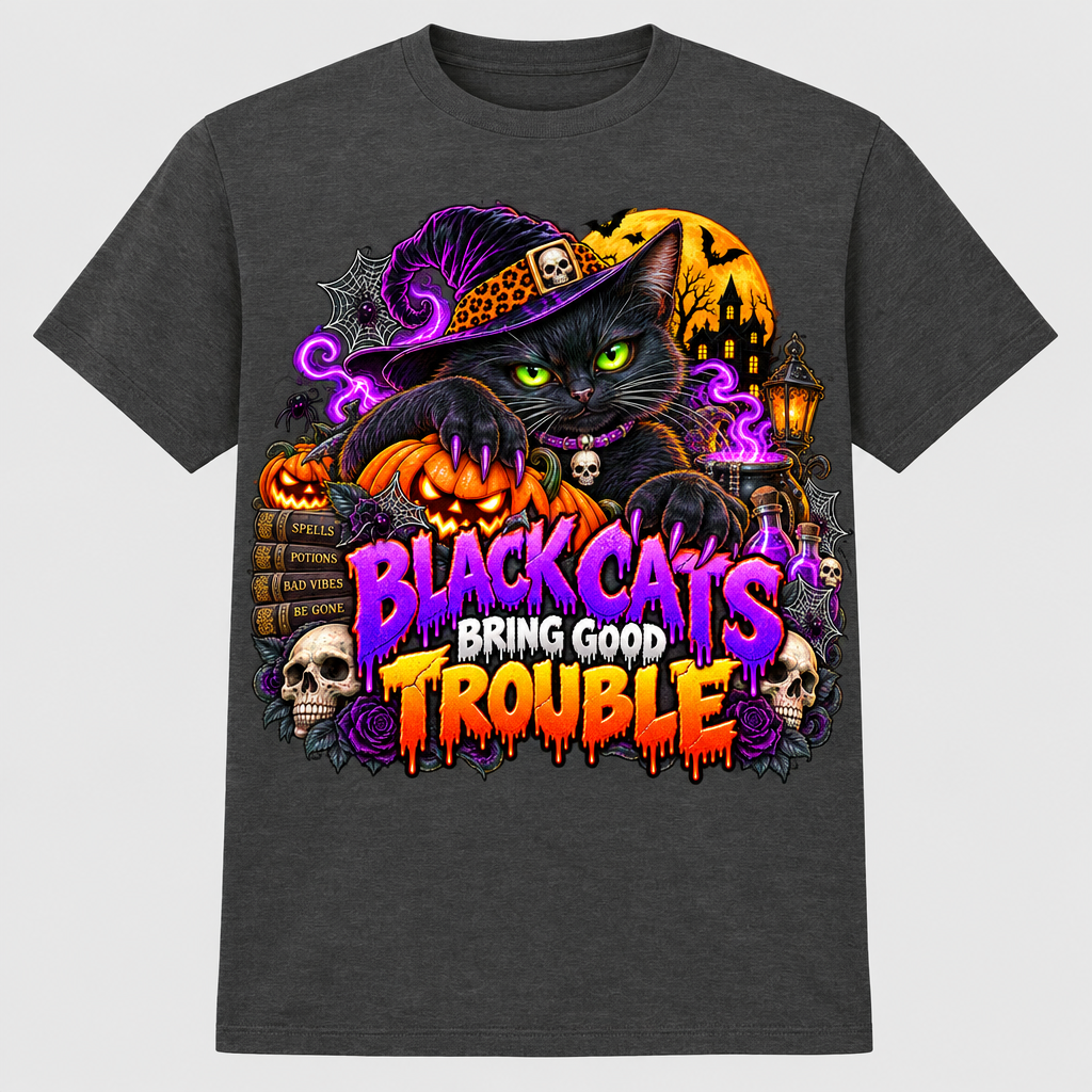 Black Cats Bring Good Trouble charcoal T-shirt mockup