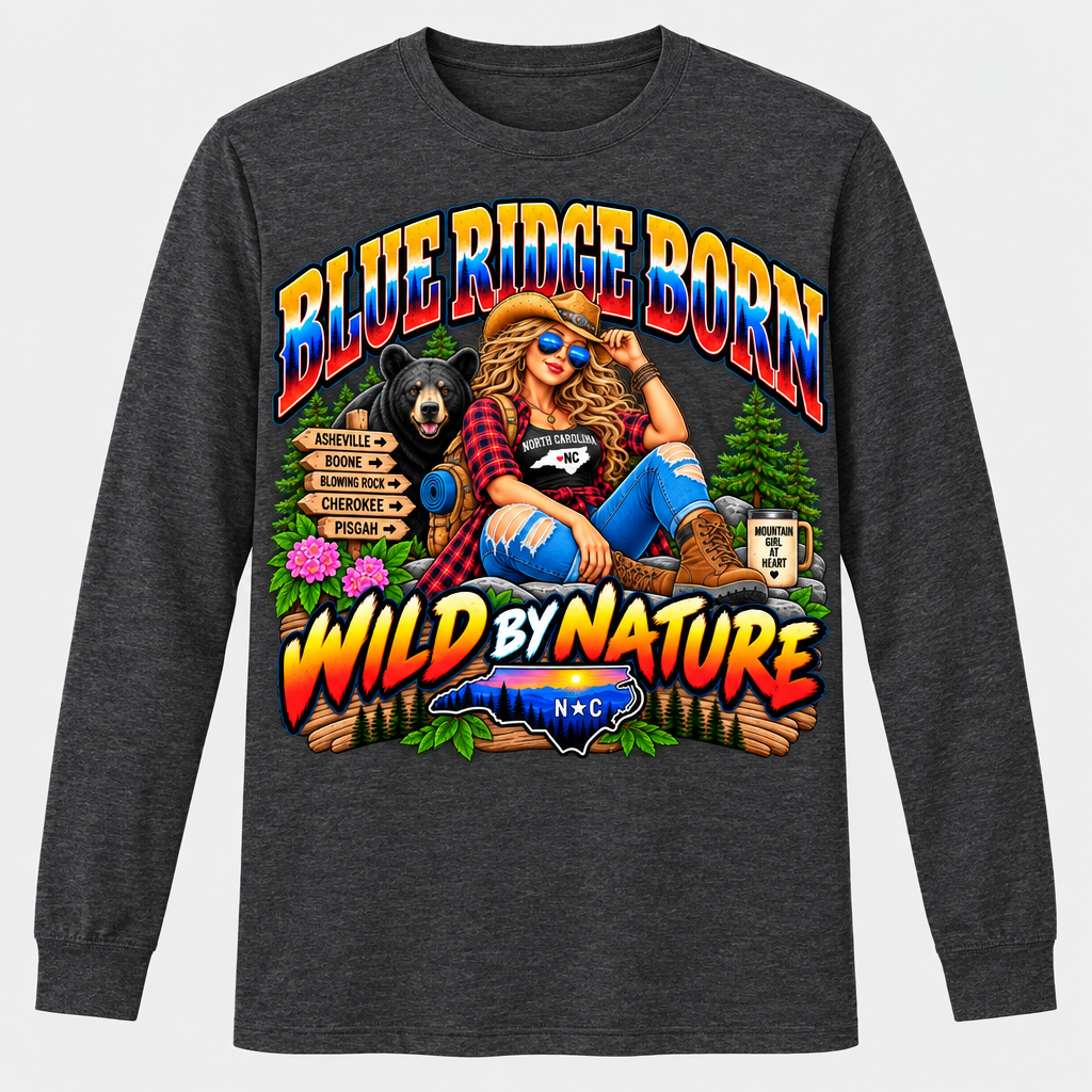 Blue Ridge Born Wild by Nature - Blonde Long Sleeve T-Shirt - Charcoal Heather