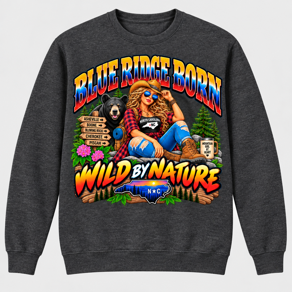 Blue Ridge Born Wild by Nature - Blonde Sweatshirt - Charcoal Heather