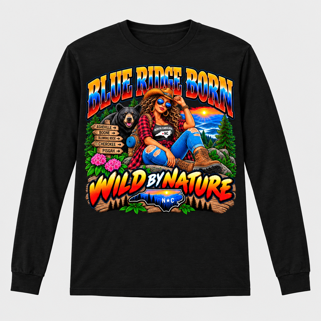 Blue Ridge Born Wild by Nature - Brunette Long Sleeve T-Shirt - Black