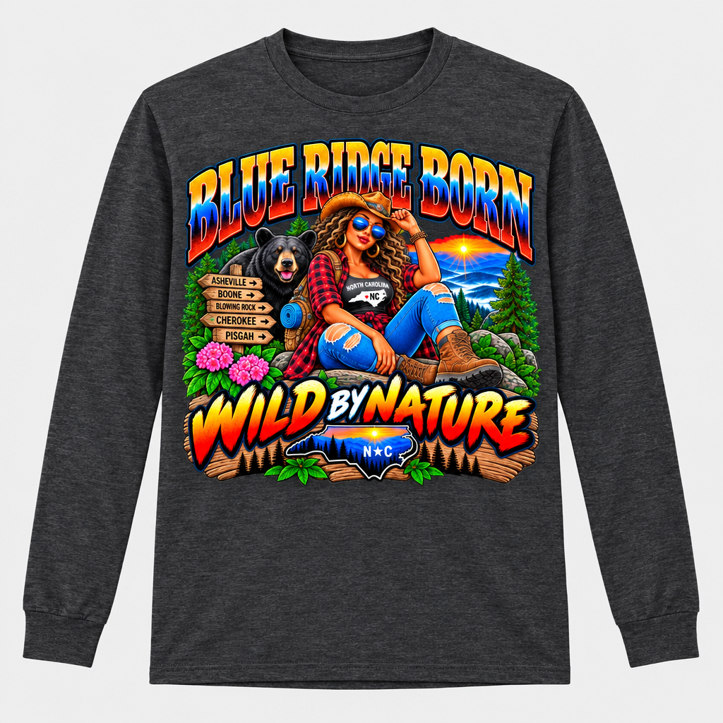 Blue Ridge Born Wild by Nature - Brunette Long Sleeve T-Shirt - Charcoal Heather
