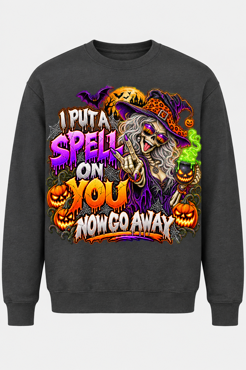 Charcoal crewneck sweatshirt mockup with the I Put a Spell on You, Now Go Away Halloween graphic, front view