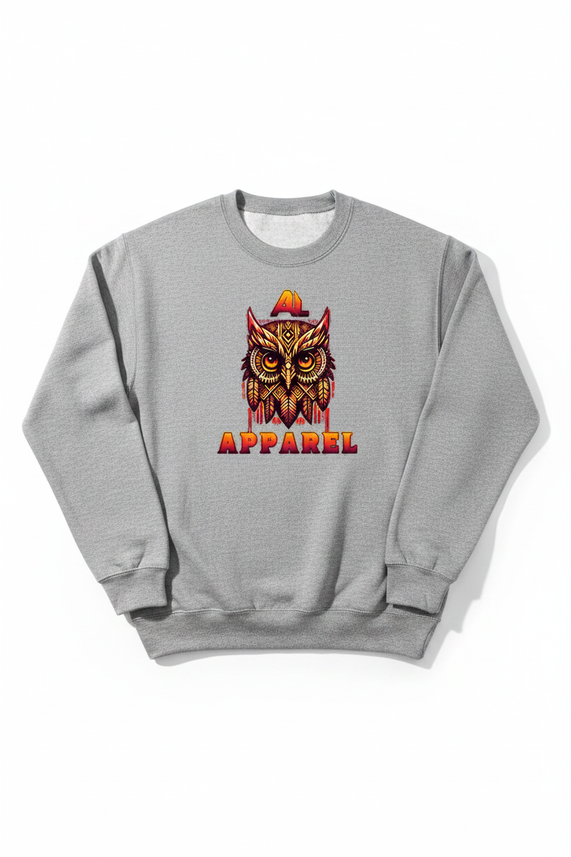 AL APPAREL tribal owl graphic on grey crewneck sweatshirt