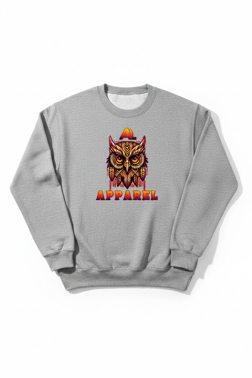 AL APPAREL tribal owl graphic on grey crewneck sweatshirt