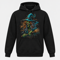 Colorful Halloween witch illustration on a black pullover hoodie