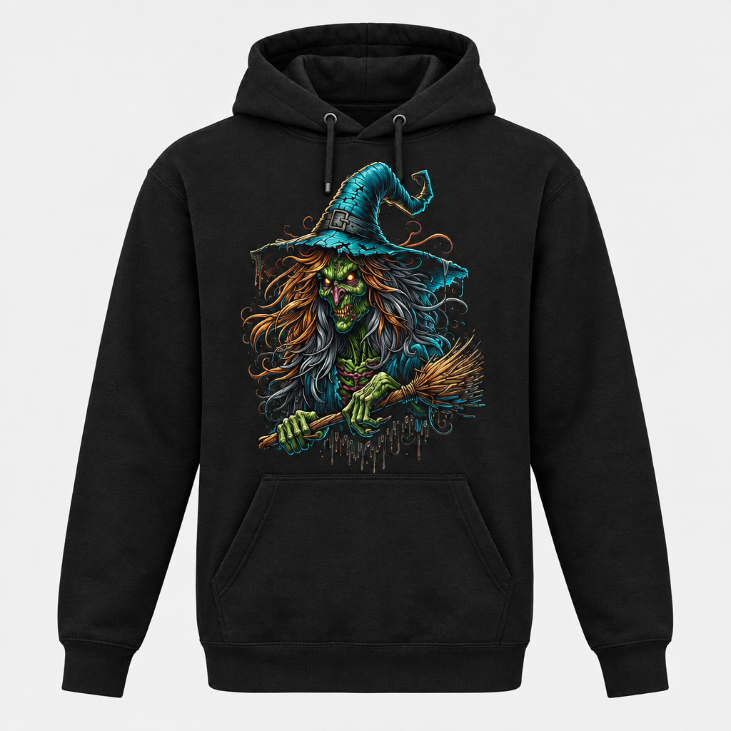 Colorful Halloween witch illustration on a black pullover hoodie