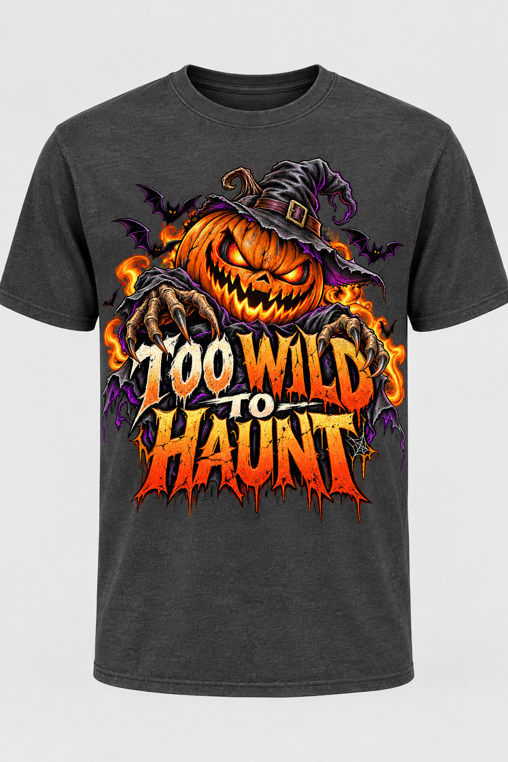 Too Wild to Haunt Halloween T-shirt mockup on charcoal