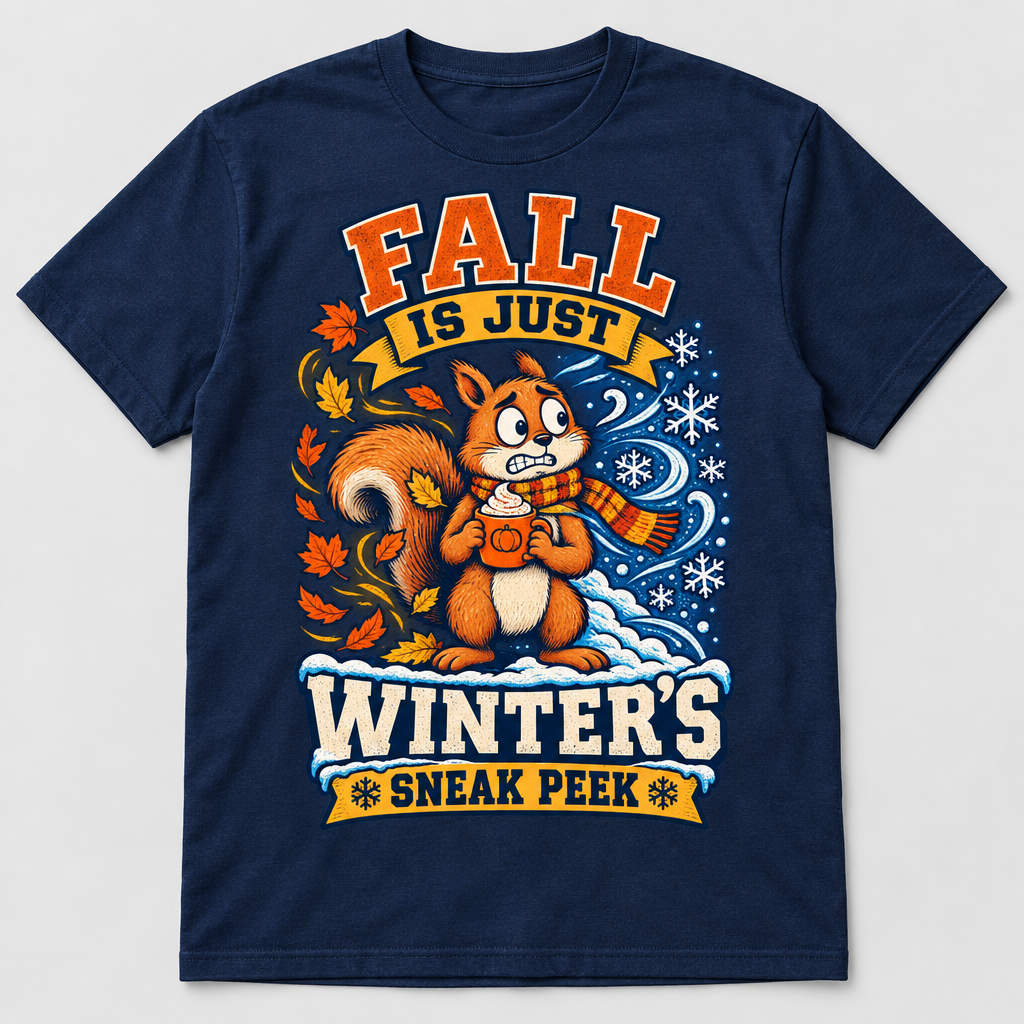 Navy t-shirt with Fall Is Just Winter's Sneak Peek squirrel design