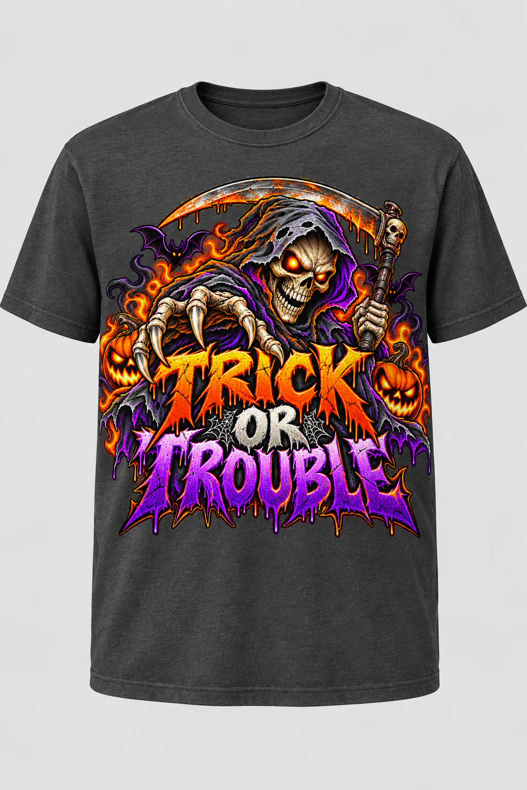 Trick or Trouble Halloween T-shirt mockup on charcoal gray