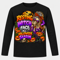Resting Witch Face All Halloween Season graphic on a black long-sleeve T-shirt
