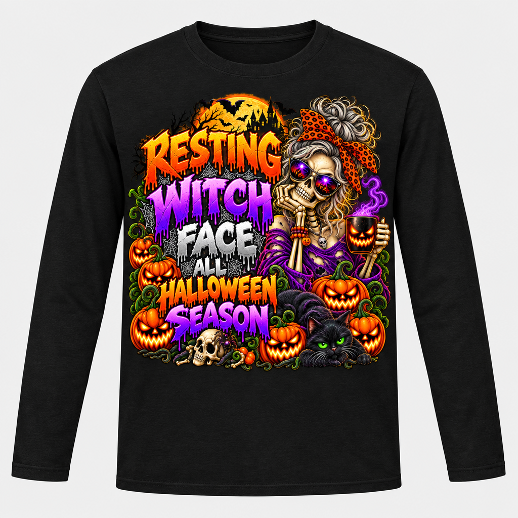 Resting Witch Face All Halloween Season graphic on a black long-sleeve T-shirt