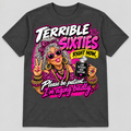 Charcoal t-shirt mockup with Terrible Sixties Right Now graphic