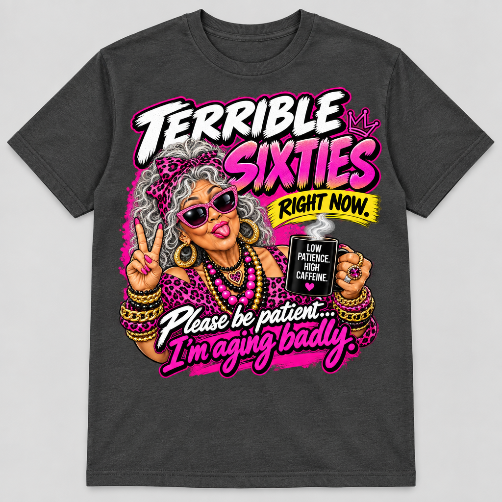 Charcoal t-shirt mockup with Terrible Sixties Right Now graphic