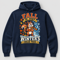 Navy pullover hoodie with Fall Is Just Winter's Sneak Peek squirrel graphic
