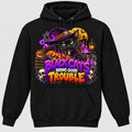 Black hoodie with Black Cats Bring Good Trouble front graphic