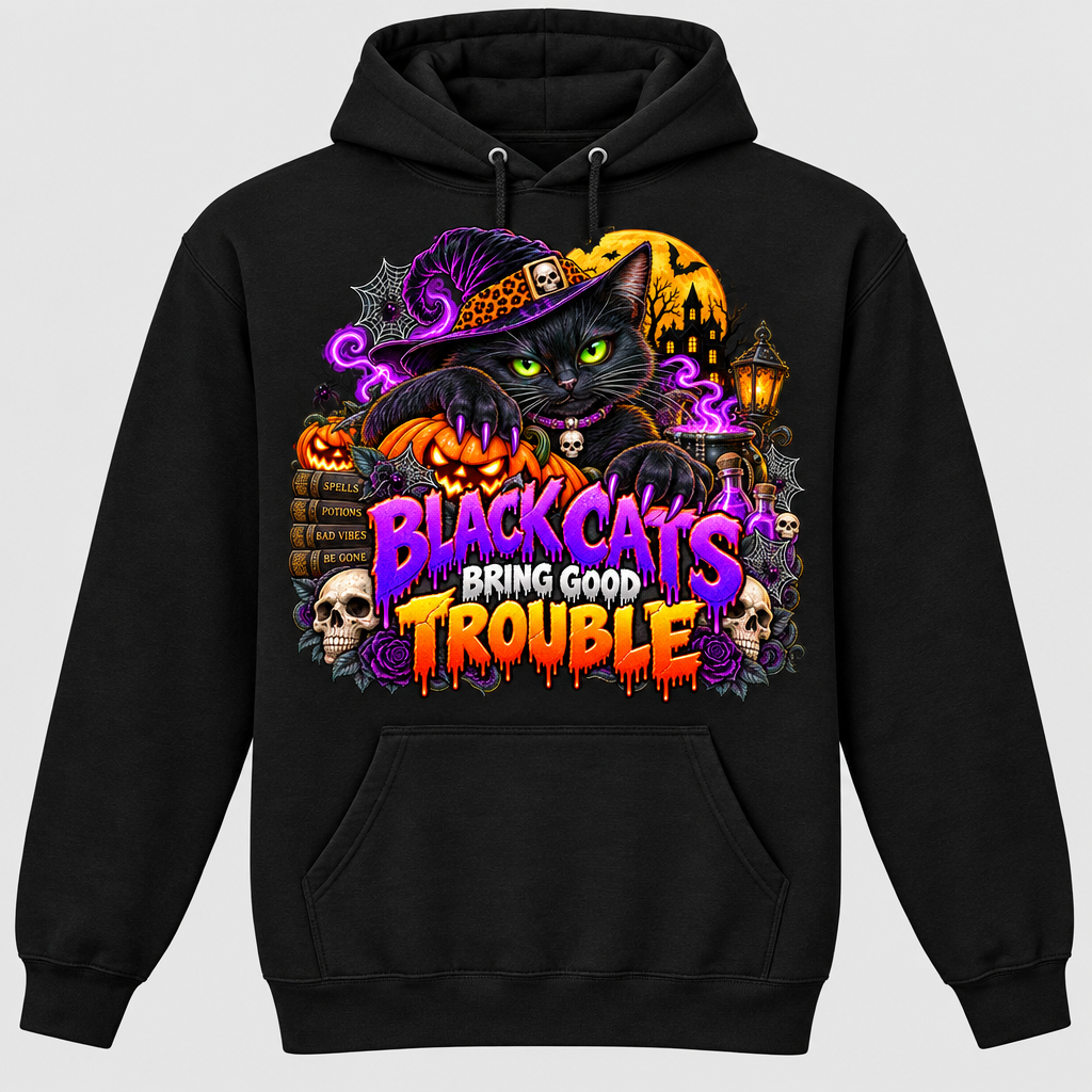 Black hoodie with Black Cats Bring Good Trouble front graphic