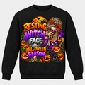 Resting Witch Face All Halloween Season graphic on a black crewneck sweatshirt