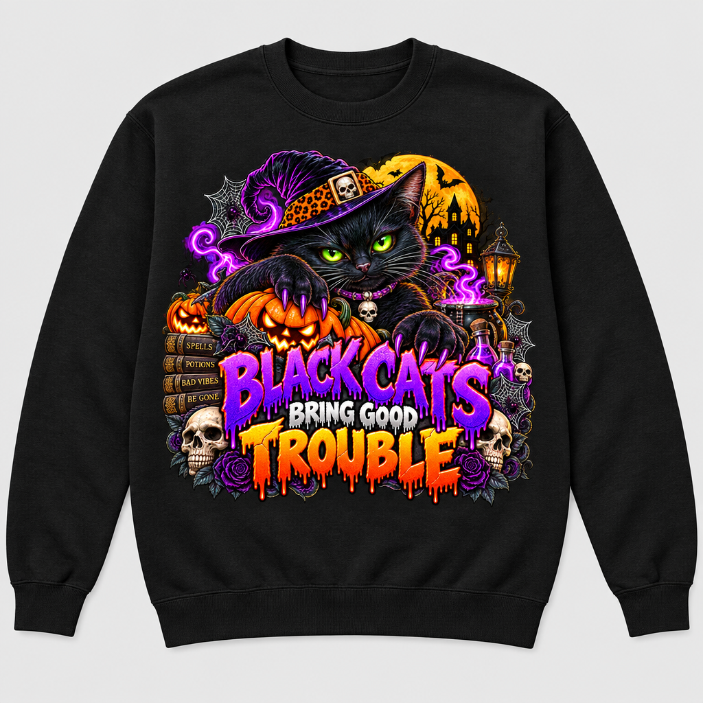 Black crewneck sweatshirt with Black Cats Bring Good Trouble front graphic