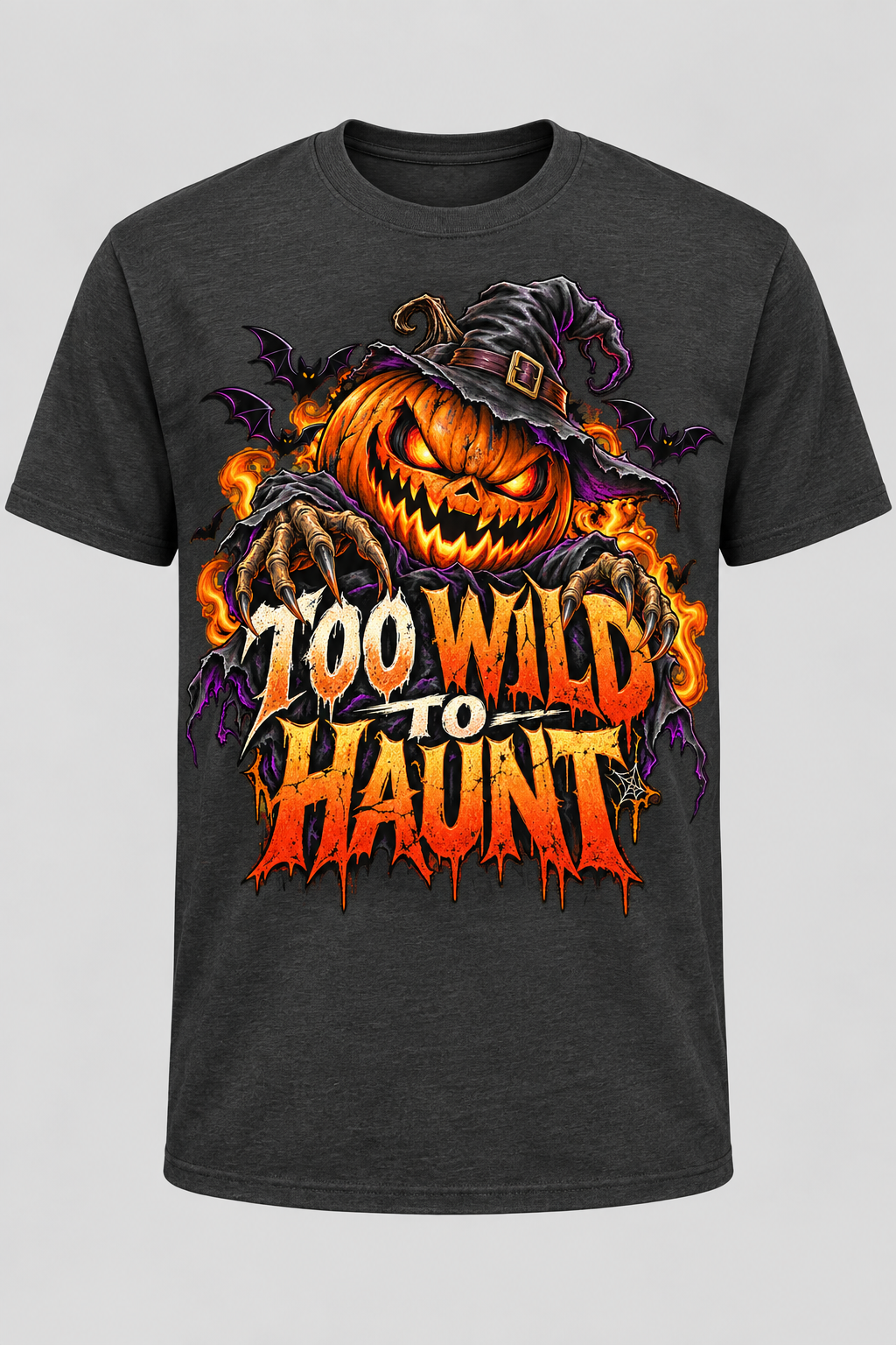 Too Wild to Haunt Halloween T-shirt mockup on charcoal