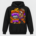 Resting Witch Face All Halloween Season graphic on a black pullover hoodie