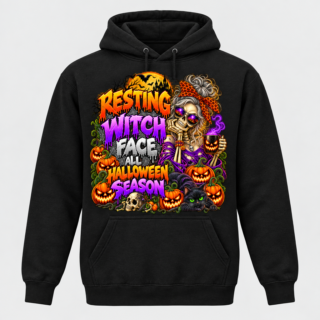 Resting Witch Face All Halloween Season graphic on a black pullover hoodie