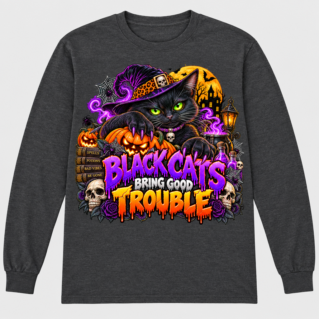 Charcoal long-sleeve T-shirt with Black Cats Bring Good Trouble front graphic
