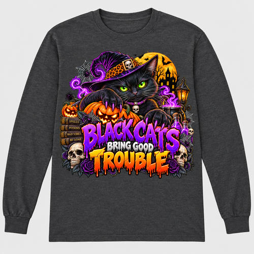 Charcoal long-sleeve T-shirt with Black Cats Bring Good Trouble front graphic