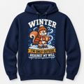 Navy hoodie with winter squirrel graphic, I'm only outside against my will