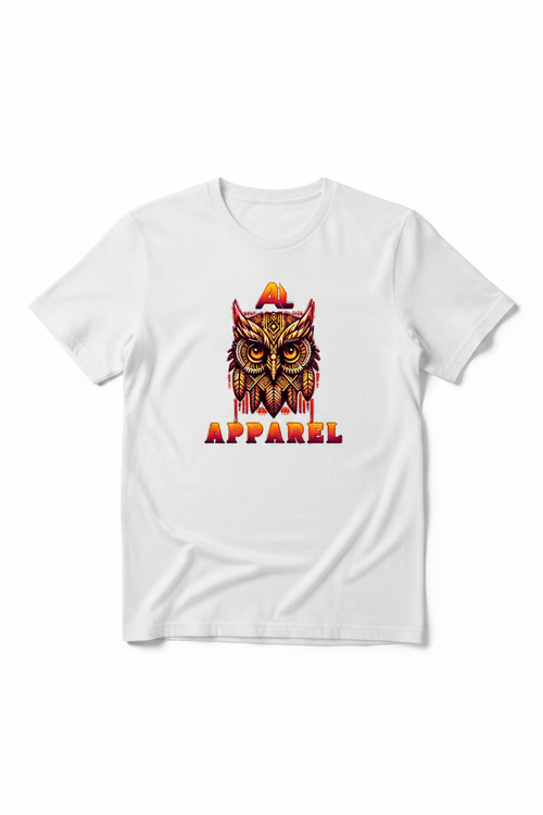 AL APPAREL tribal owl graphic on white t-shirt