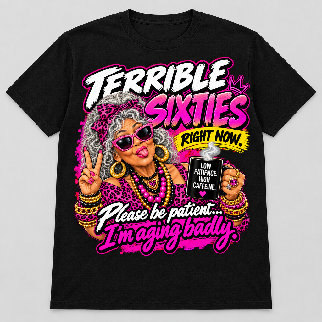 Black t-shirt mockup with Terrible Sixties Right Now graphic