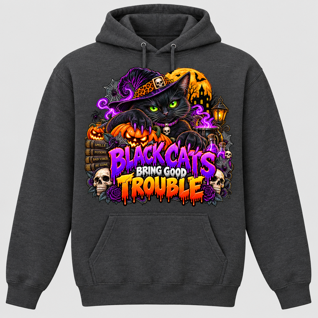 Charcoal hoodie with Black Cats Bring Good Trouble front graphic