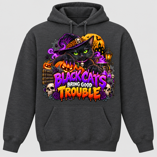 Charcoal hoodie with Black Cats Bring Good Trouble front graphic