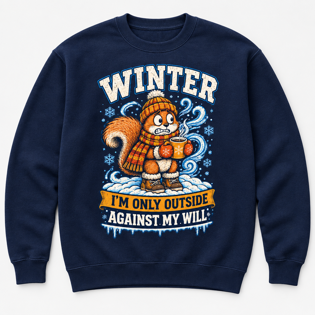 Navy sweatshirt with winter squirrel graphic, I'm only outside against my will