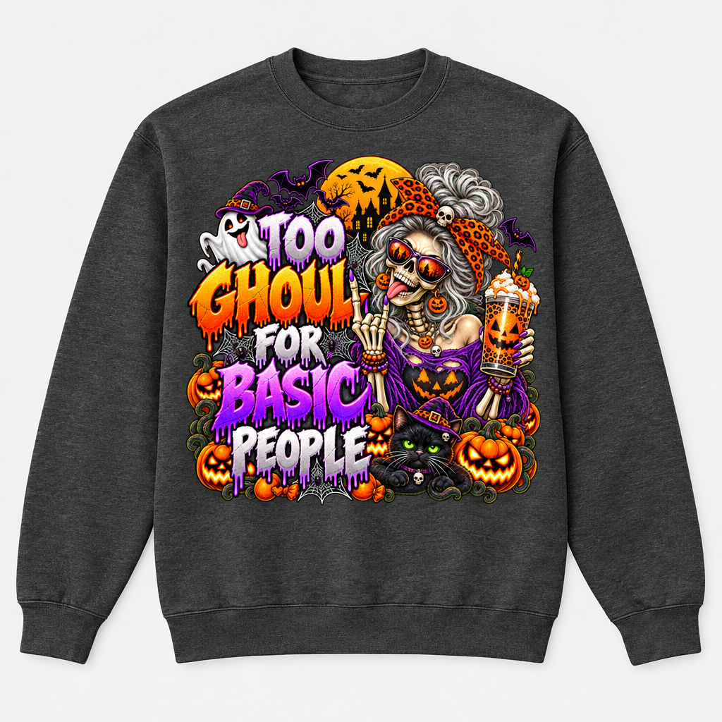 Too Ghoul for Basic People charcoal crewneck sweatshirt mockup