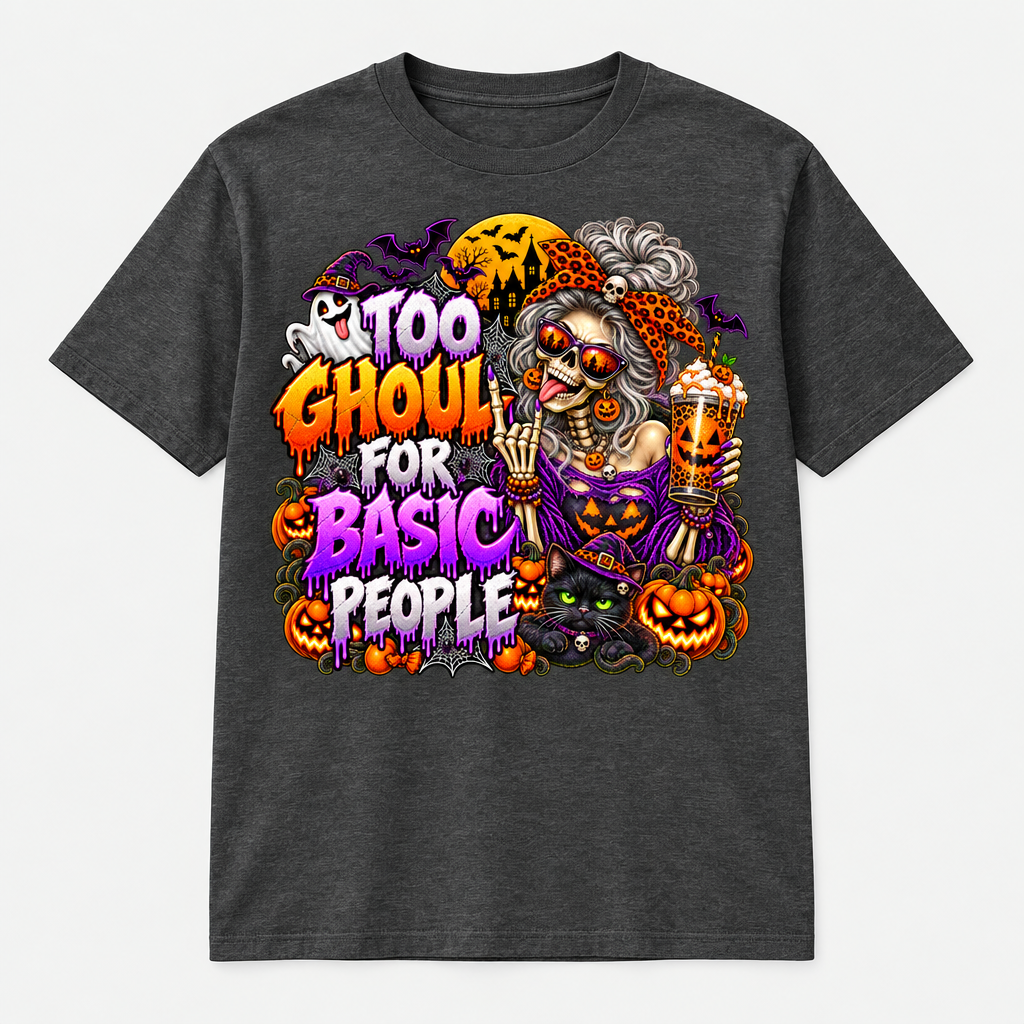 Too Ghoul for Basic People charcoal T-shirt front mockup