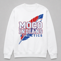 White MOCO Indians Athletics crew neck sweatshirt with red, white, and blue feather artwork