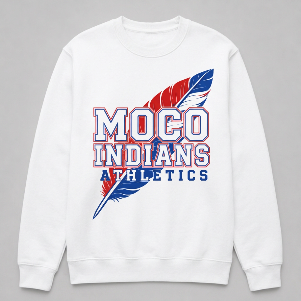 White MOCO Indians Athletics crew neck sweatshirt with red, white, and blue feather artwork