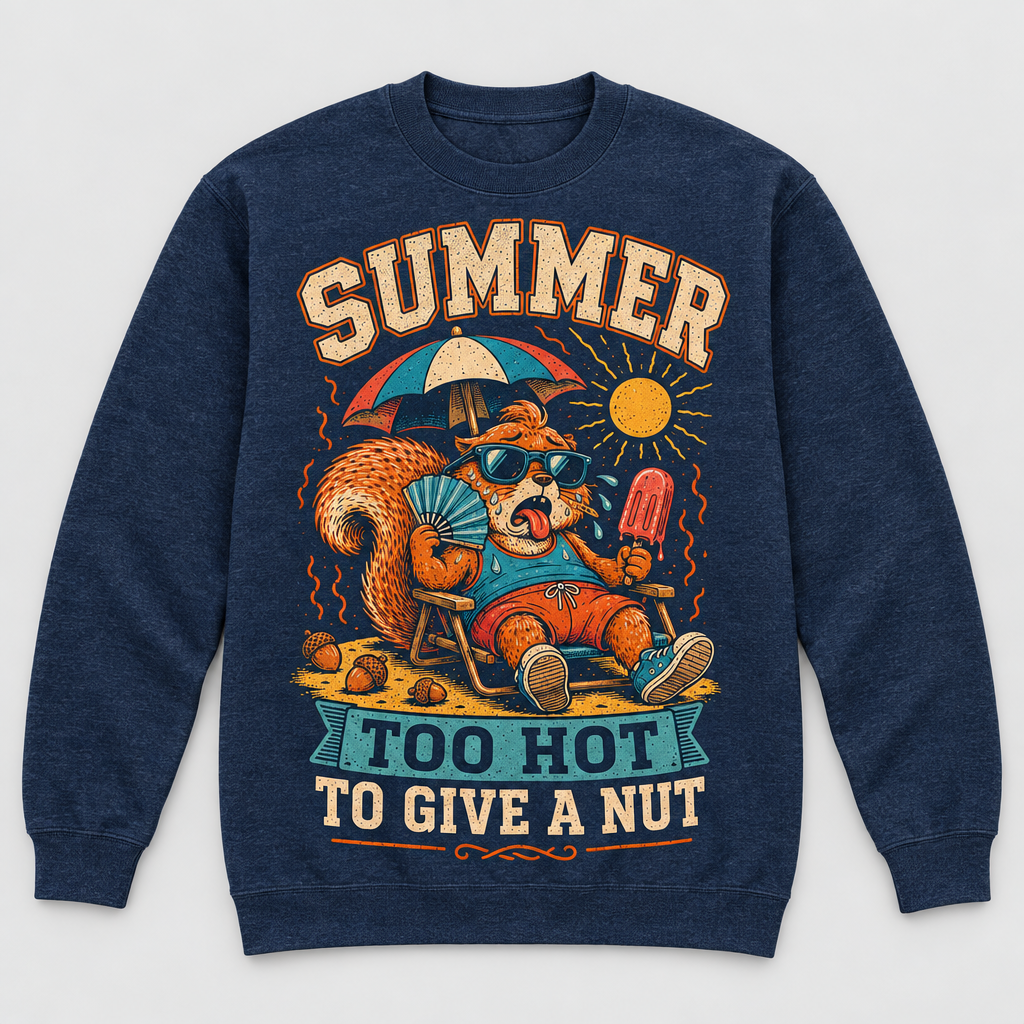 Navy crewneck sweatshirt with summer squirrel graphic reading Too Hot To Give A Nut