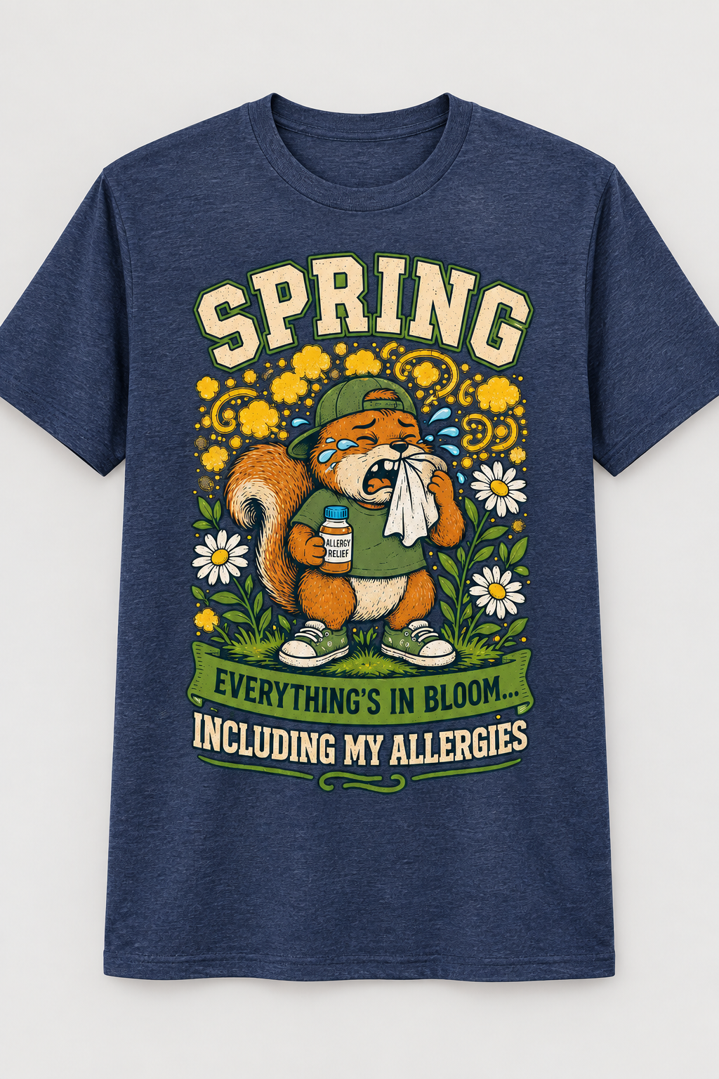 Navy t-shirt with spring squirrel allergy graphic reading Spring Everything's In Bloom Including My Allergies
