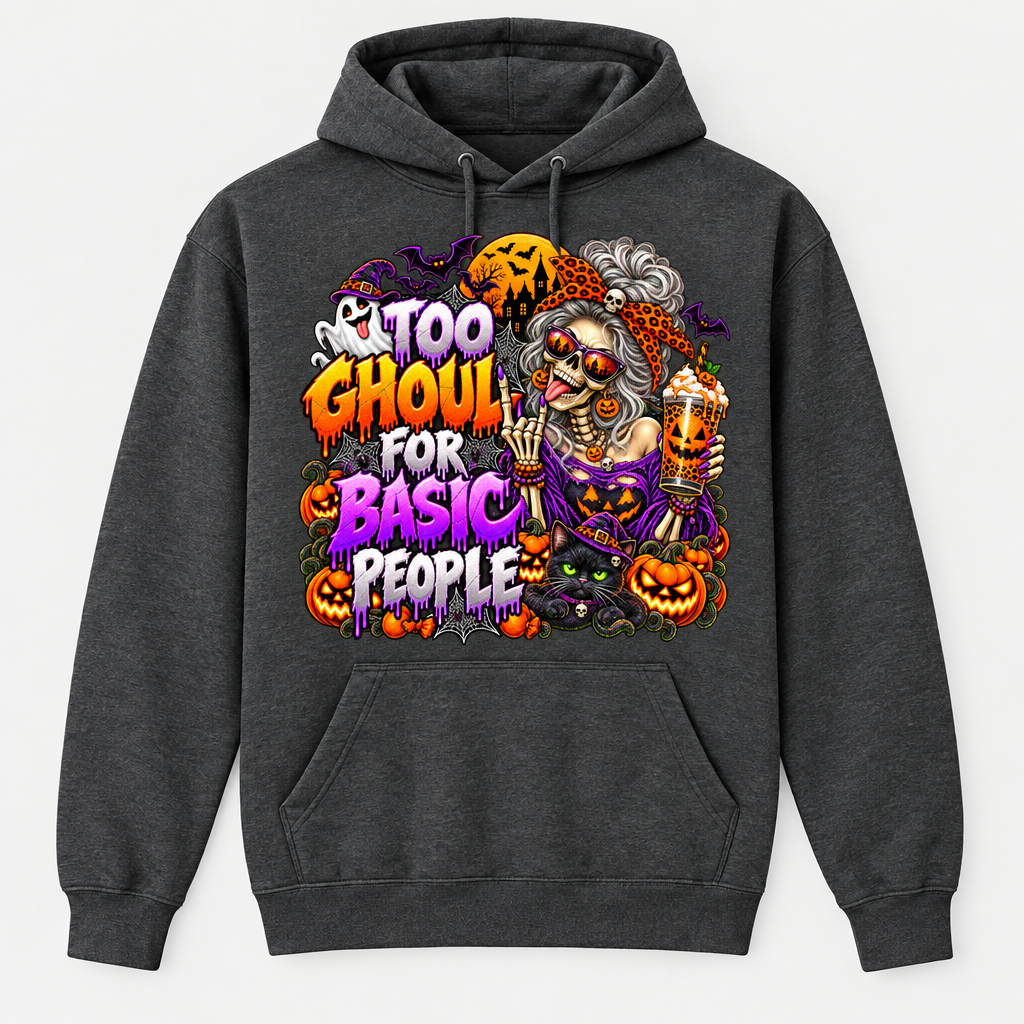 Too Ghoul for Basic People charcoal pullover hoodie mockup