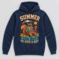 Navy pullover hoodie with summer squirrel graphic reading Too Hot To Give A Nut